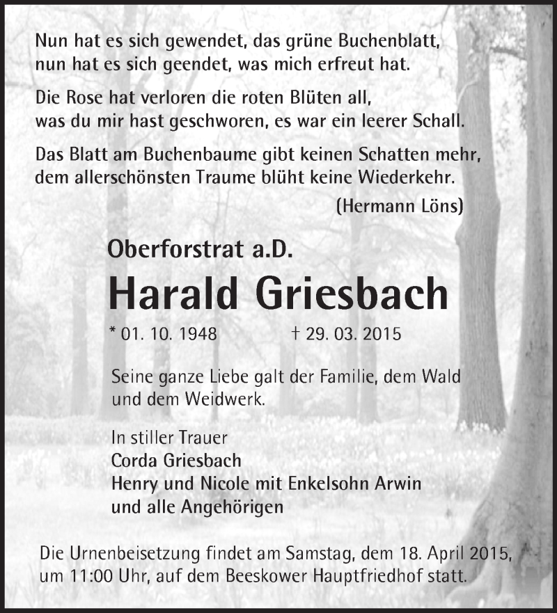  Traueranzeige für Harald Griesbach vom 11.04.2015 aus Märkische Oderzeitung