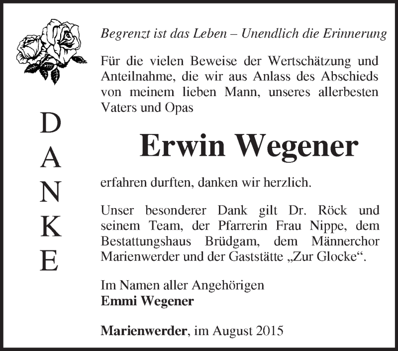 Traueranzeigen Von Erwin Wegener M Rkische Onlinezeitung Trauerportal