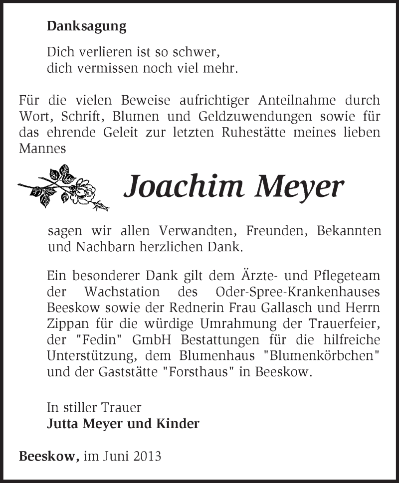 Traueranzeigen von Joachim Meyer Märkische Onlinezeitung Trauerportal