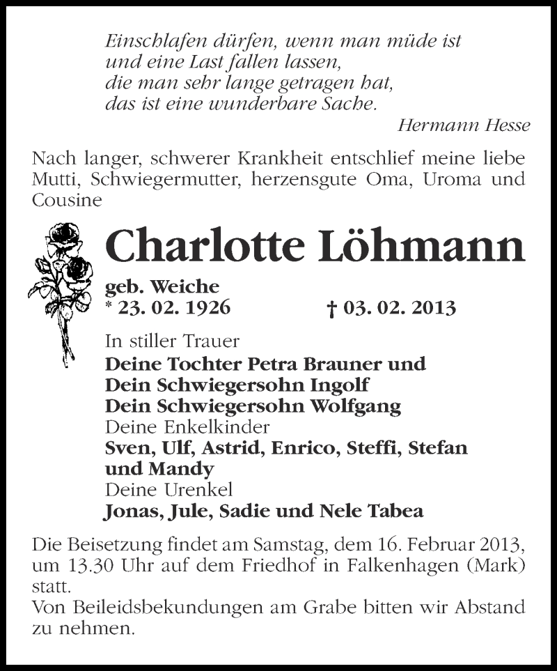  Traueranzeige für Charlotte Löhmann vom 09.02.2013 aus Märkische Oderzeitung