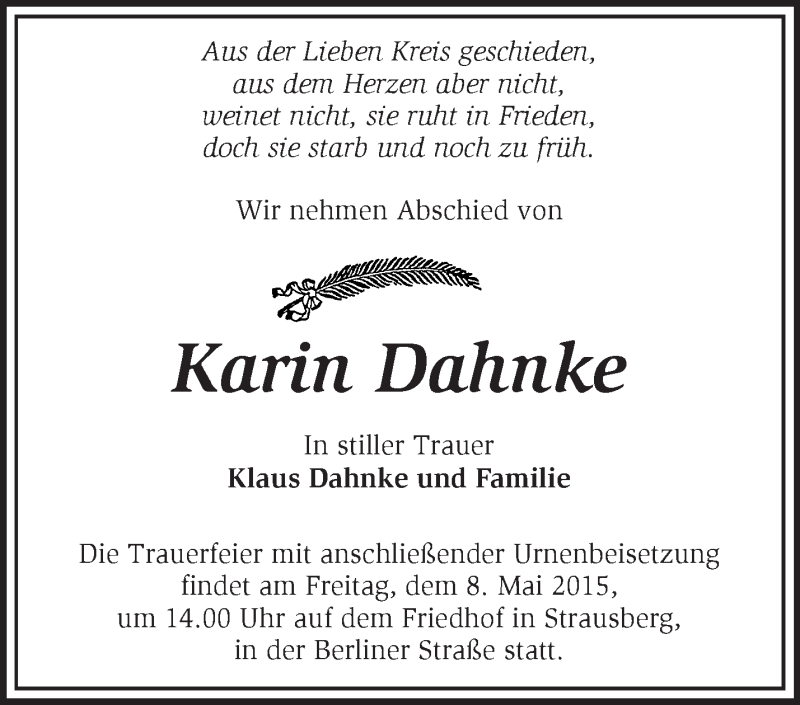 Traueranzeige für Karin Dahnke vom 02.05.2015 aus Märkische Oderzeitung