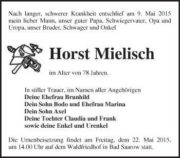 Traueranzeige von Horst Mielisch von Märkische Oderzeitung