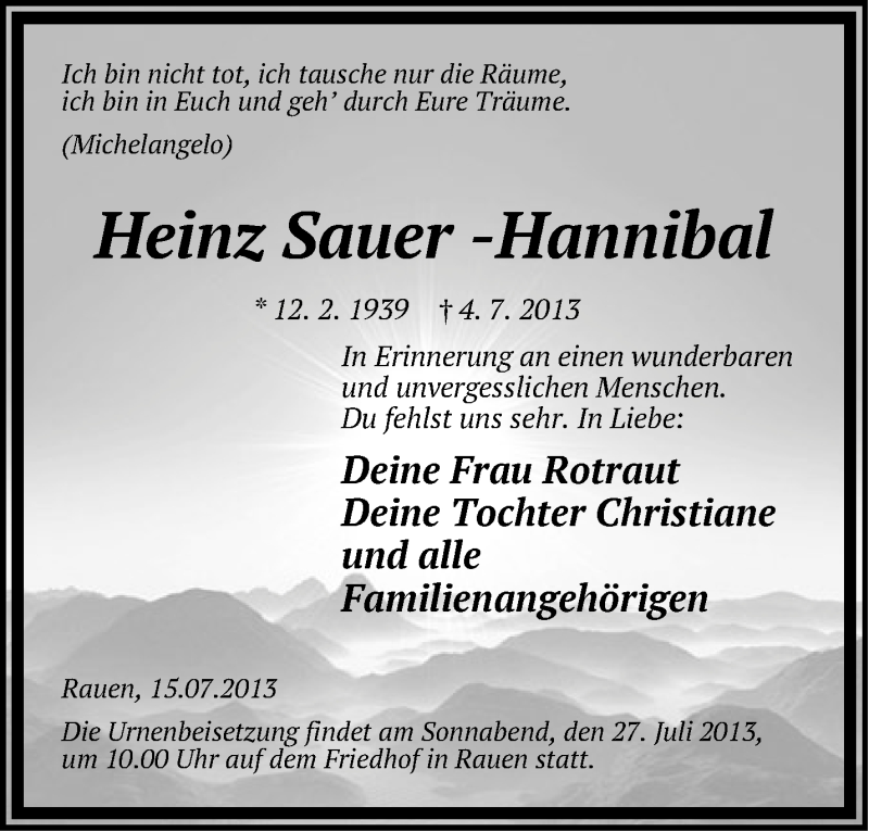  Traueranzeige für Heinz Sauer-Hannibal vom 17.07.2013 aus Märkische Oderzeitung