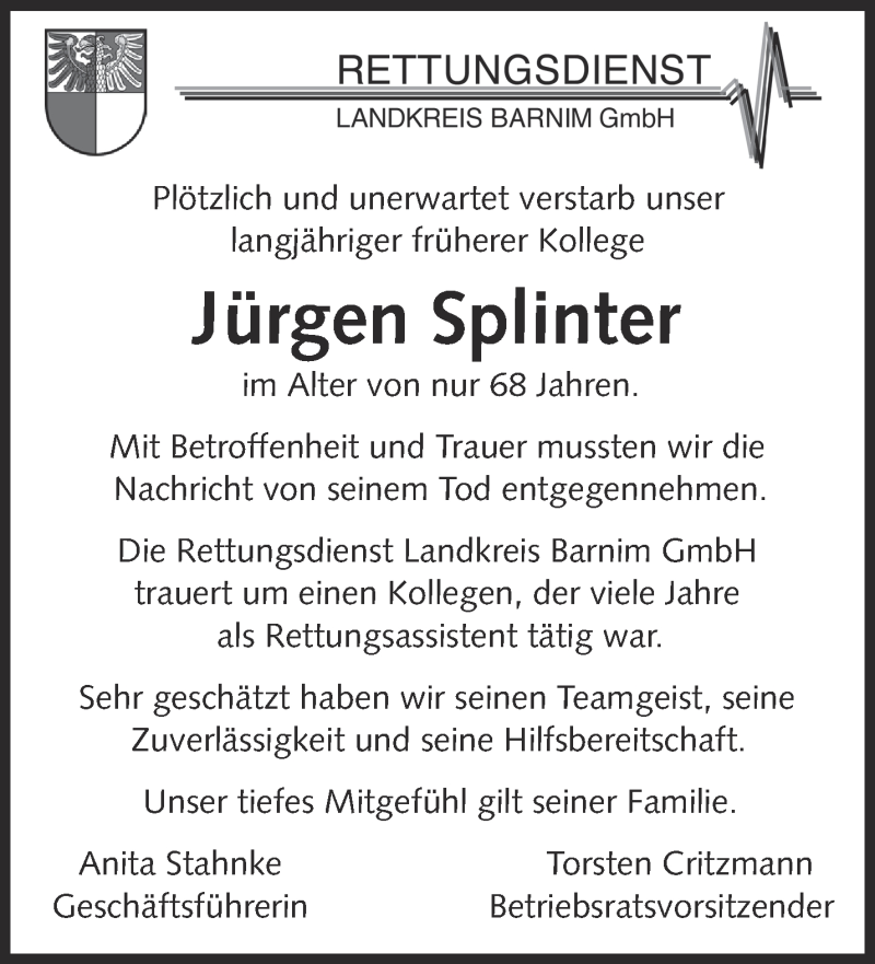  Traueranzeige für Jürgen Splinter vom 23.05.2015 aus Märkische Oderzeitung