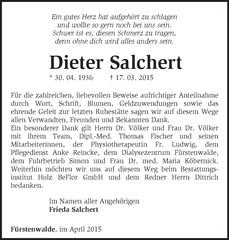  Traueranzeige für Dieter Salchert vom 08.04.2015 aus Märkische Oderzeitung