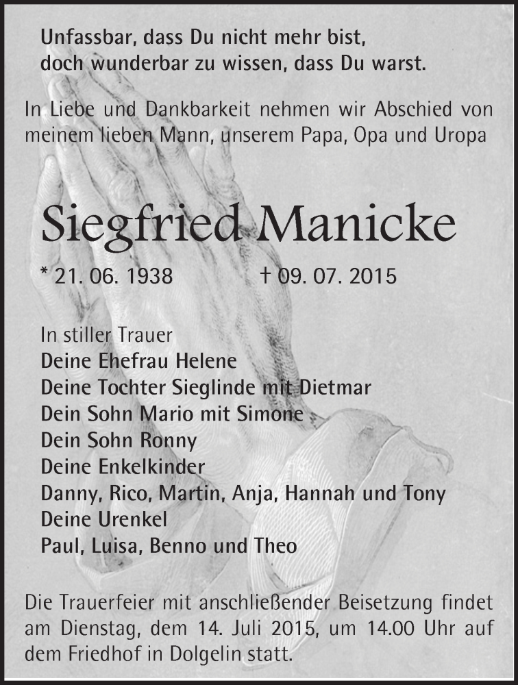  Traueranzeige für Siegfried Manicke vom 11.07.2015 aus Märkische Oderzeitung