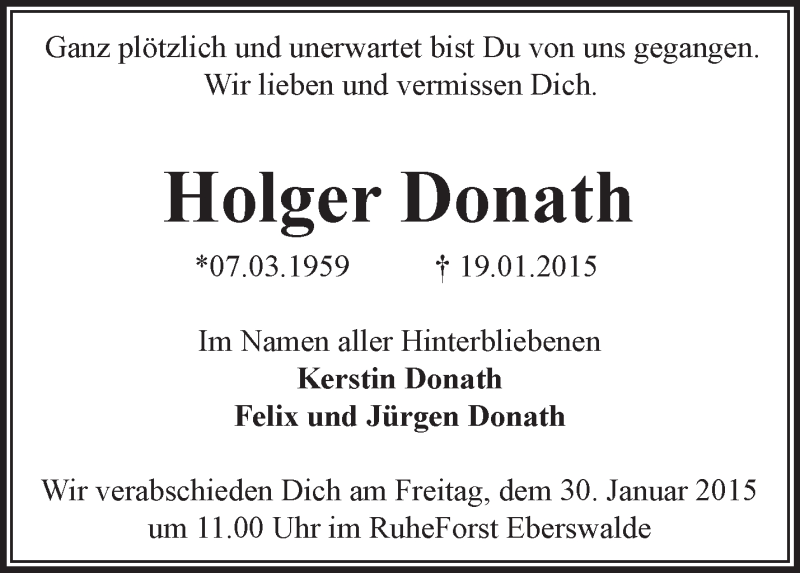  Traueranzeige für Holger  Donath vom 24.01.2015 aus Märkische Oderzeitung