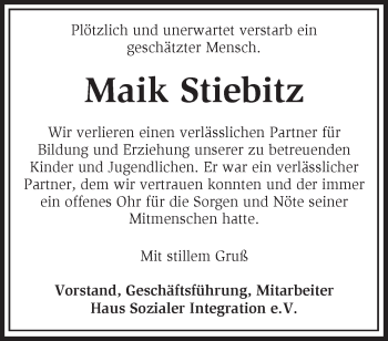 Traueranzeige von Maik Stiebitz von Märkische Oderzeitung