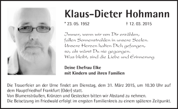 Klaus-Dieter Hohmann, Traueranzeige, Märkische Oderzeitung, Gedenkkerzen, ...