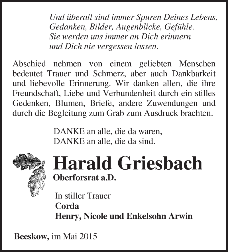  Traueranzeige für Harald Griesbach vom 02.05.2015 aus Märkische Oderzeitung