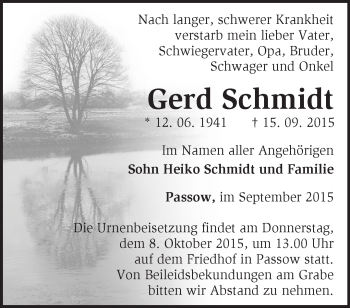 Traueranzeigen von Gerd Schmidt Märkische Onlinezeitung Trauerportal