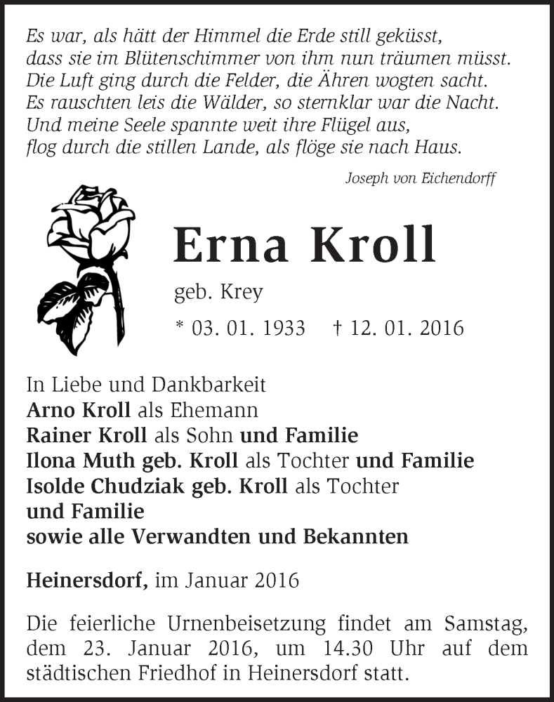 Traueranzeigen von Erna Kroll Märkische Onlinezeitung Trauerportal