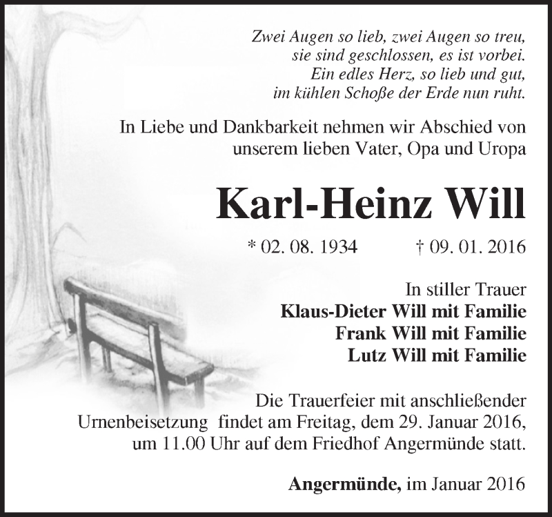 Traueranzeige für Karl-Heinz Will vom 17.01.2016 aus Märkische Oderzeitung