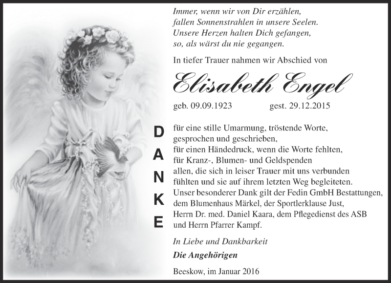  Traueranzeige für Elisabeth Engel vom 23.01.2016 aus Märkische Oderzeitung