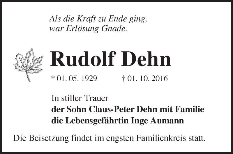  Traueranzeige für Rudolf Dehn vom 08.10.2016 aus Märkische Oderzeitung