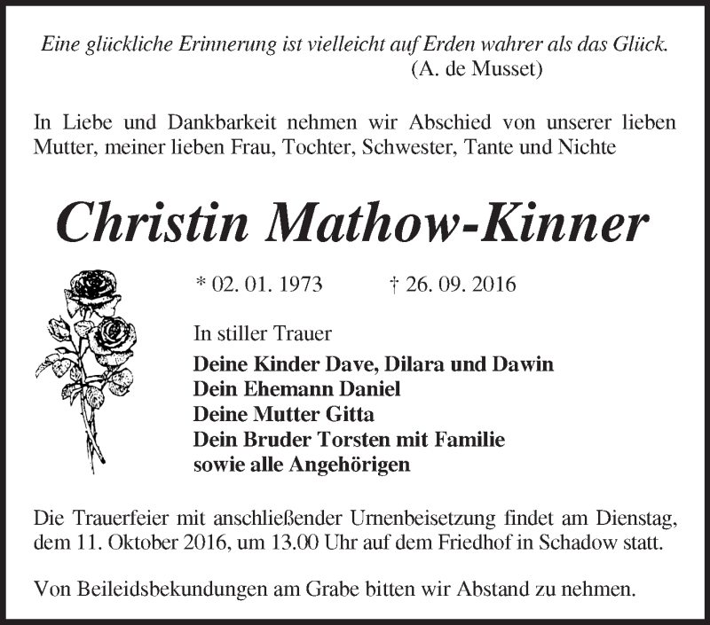  Traueranzeige für Christin Mathow-Kinner vom 06.10.2016 aus Märkische Oderzeitung