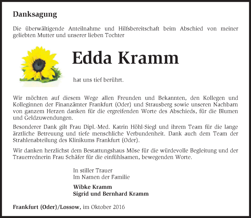  Traueranzeige für Edda Kramm vom 08.10.2016 aus Märkische Oderzeitung
