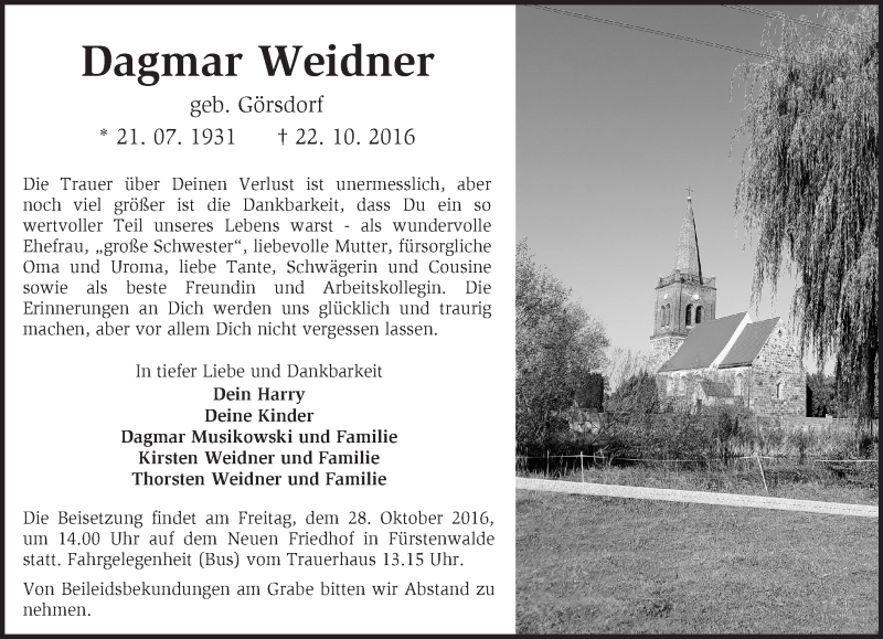  Traueranzeige für Dagmar Weidner vom 25.10.2016 aus Märkische Oderzeitung