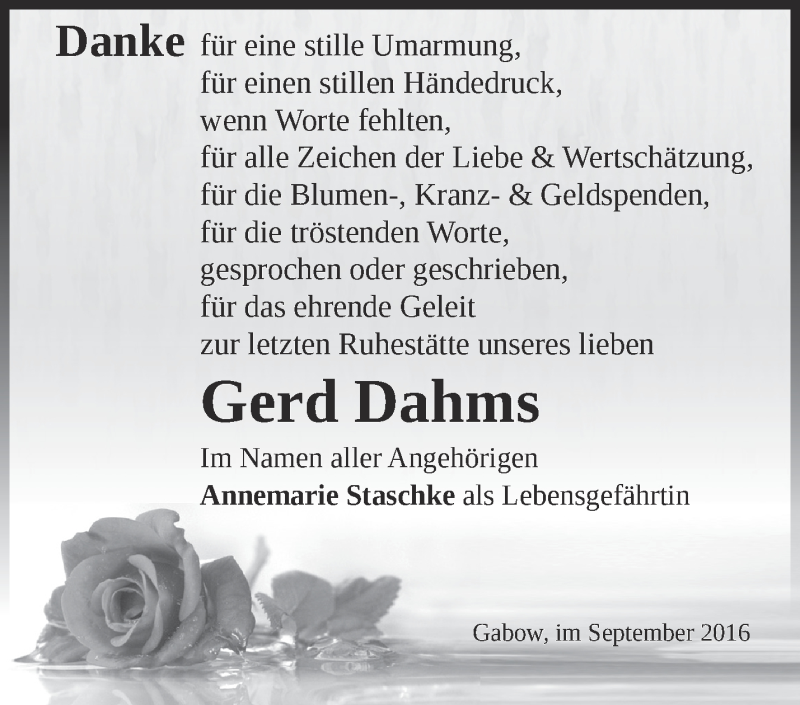  Traueranzeige für Gerd Dahms vom 12.10.2016 aus Märkische Oderzeitung
