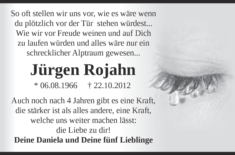  Traueranzeige für Jürgen Rojahn vom 23.10.2016 aus Märkische Oderzeitung