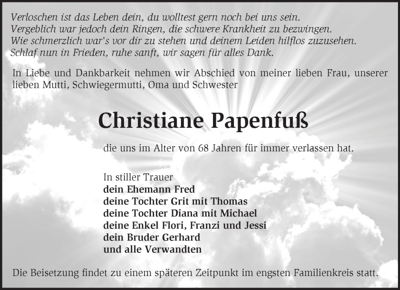  Traueranzeige für Chrstiane Papenfuß vom 20.11.2016 aus Märkische Oderzeitung