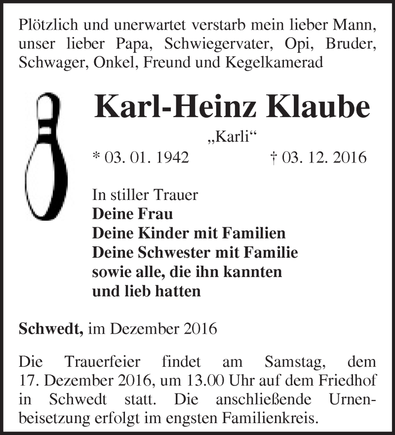  Traueranzeige für Karl-Heinz Klaube vom 06.12.2016 aus Märkische Oderzeitung
