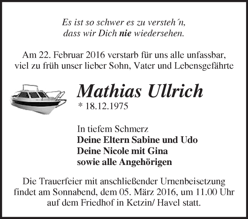  Traueranzeige für Mathias Ullrich vom 28.02.2016 aus Märkische Oderzeitung
