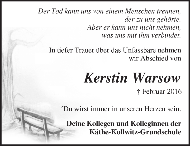  Traueranzeige für Kerstin Warsow vom 06.03.2016 aus Märkische Oderzeitung