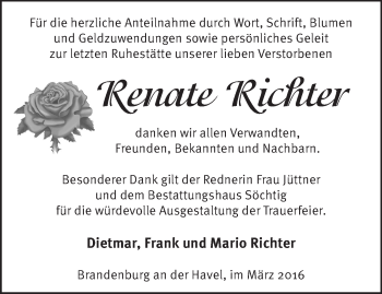 Traueranzeigen von Renate Richter Märkische Onlinezeitung Trauerportal