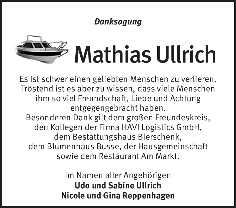  Traueranzeige für Mathias Ullrich vom 13.03.2016 aus Märkische Oderzeitung