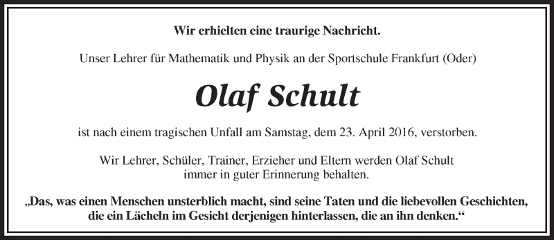  Traueranzeige für Olaf Schult vom 28.04.2016 aus Märkische Oderzeitung