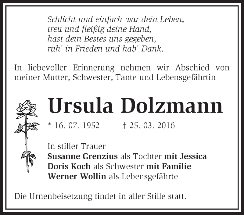  Traueranzeige für Ursula Dolzmann vom 10.04.2016 aus Märkische Oderzeitung