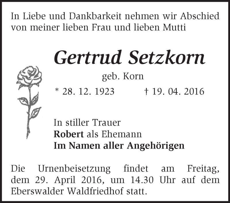  Traueranzeige für Gertrud Setzkorn vom 27.04.2016 aus Märkische Oderzeitung
