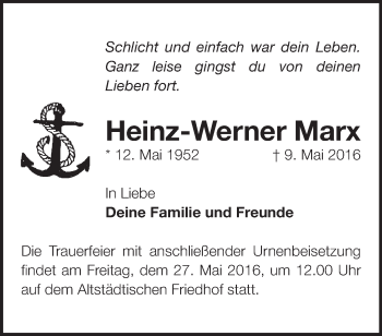 Traueranzeige von Heinz-Werner Marx von Märkische Oderzeitung
