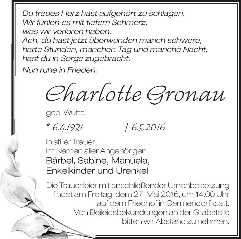  Traueranzeige für Charlotte Gronau vom 21.05.2016 aus Märkische Oderzeitung