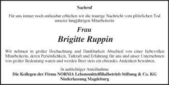 Traueranzeige von Brigitte Ruppin von Märkische Oderzeitung