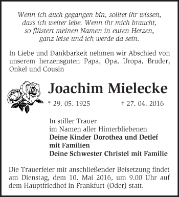 Traueranzeige von Joachim Mielecke von Märkische Oderzeitung