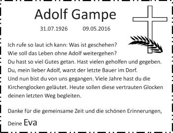 Traueranzeige von Adolf Gampe von Märkische Oderzeitung