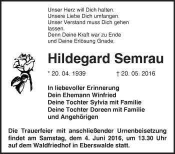 Traueranzeige von Hildegard Semrau von Märkische Oderzeitung
