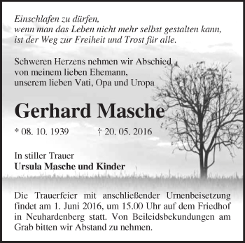 Traueranzeige von Gerhard Masche von Märkische Oderzeitung