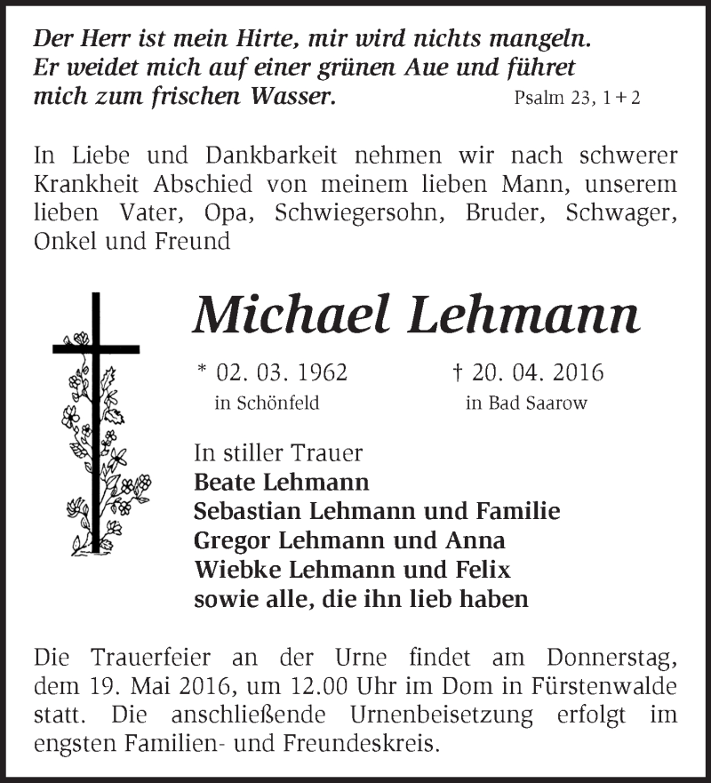  Traueranzeige für Michael Lehmann vom 14.05.2016 aus Märkische Oderzeitung