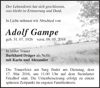 Traueranzeige von Adolf Gampe von Märkische Oderzeitung