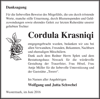 Traueranzeige von Cordula Krasniqi von Märkische Oderzeitung