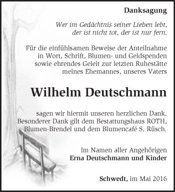 Traueranzeige von Wilhelm Deutschmann von Märkische Oderzeitung