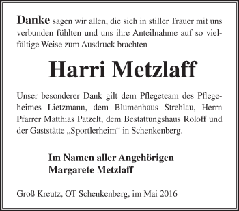 Traueranzeige von Harri Metzlaff von Märkische Oderzeitung