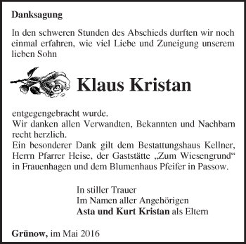 Traueranzeige von Klaus Kristan von Märkische Oderzeitung