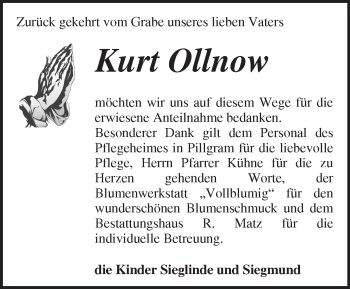Traueranzeige von Kurt Ollnow von Märkische Oderzeitung