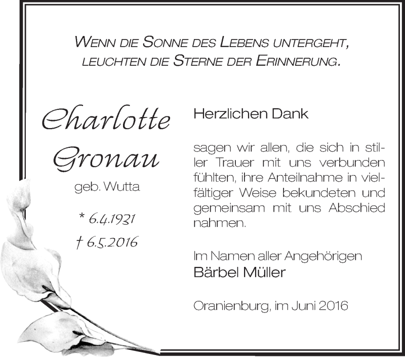  Traueranzeige für Charlotte Gronau vom 11.06.2016 aus Märkische Oderzeitung