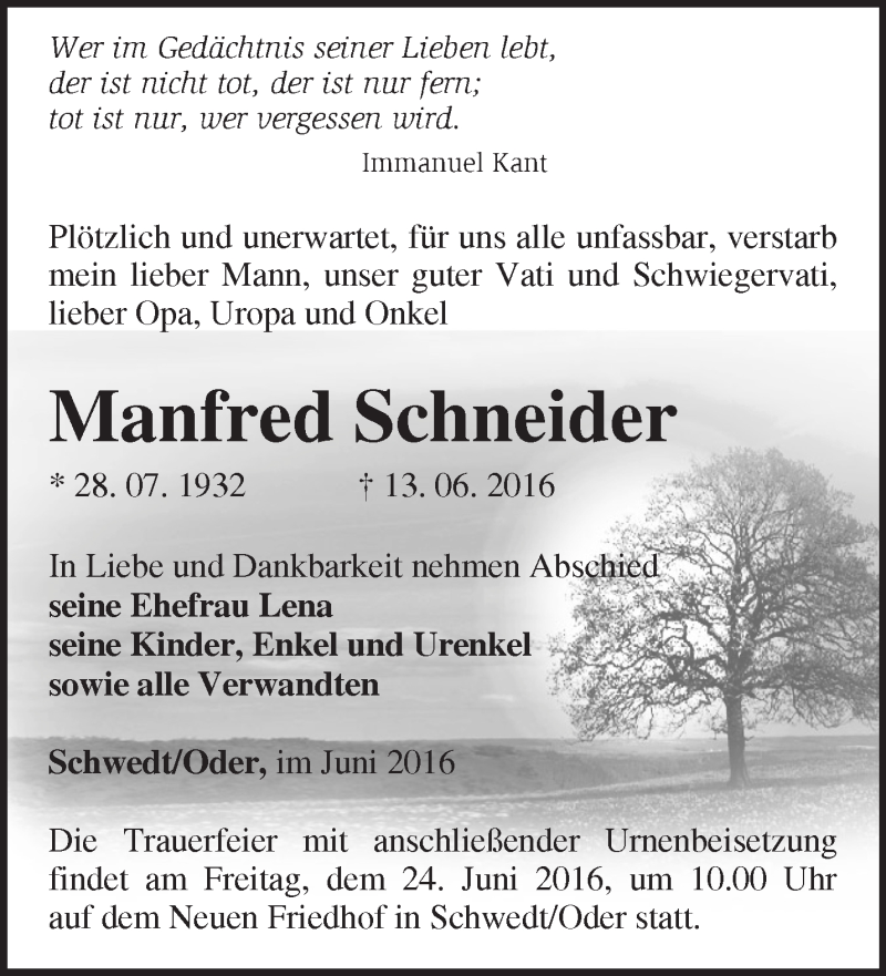  Traueranzeige für Manfred Schneider vom 19.06.2016 aus Märkische Oderzeitung