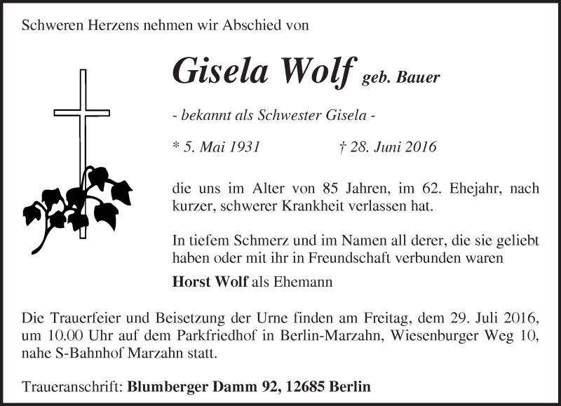 Traueranzeige für Gisela Wolf vom 06.07.2016 aus Märkische Oderzeitung